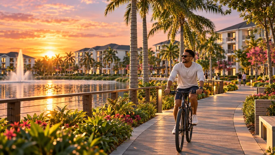 Lakeside bicycle ride at sunset