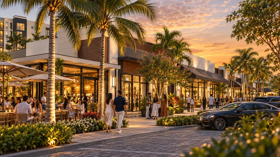 Shopping district at golden hour