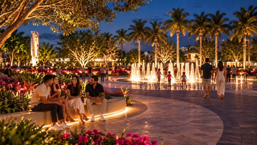 Gathering by the fountain at twilight