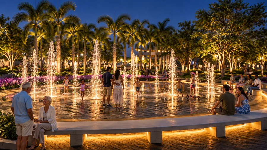 Children enjoying the splash pad at night